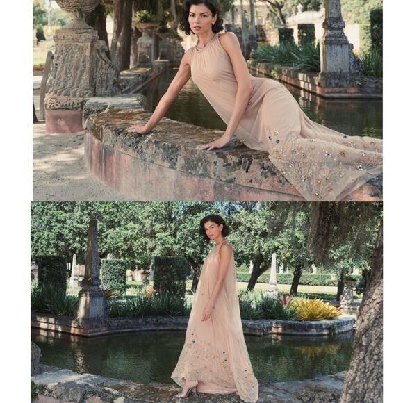 Mac Duggal 9232 High Neck Jewel Hem Embellished Trapeze Nude Gold Gown, Size 14 - Picture 10 of 10